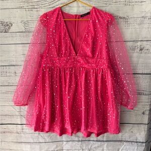 Double Crazy Pink Sparkly Mini Dress sheer sleeves, zip back size 3X